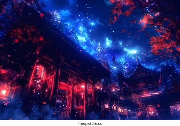Neon Lit Japanese Temple at Night