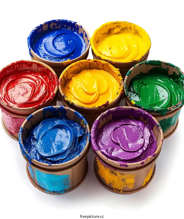 Colorful paint cans on white background