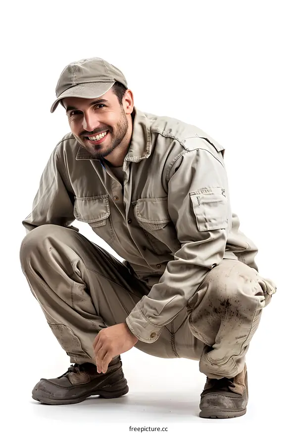 Portrait of a smiling worker crouching
