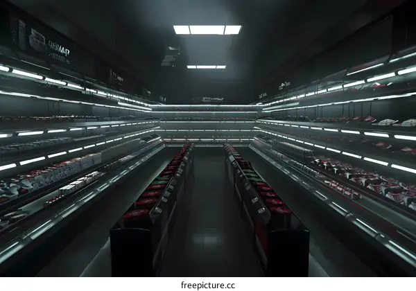 Empty Grocery Store Aisle With Products On Shelves