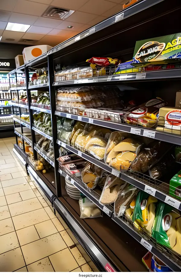 Grocery Store Shelves With Bread and Cheese Products