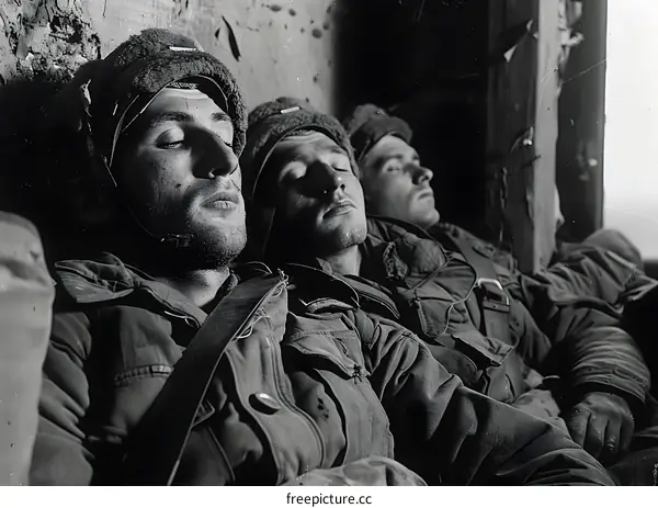 Three American soldiers sleeping in a foxhole during the Korean War