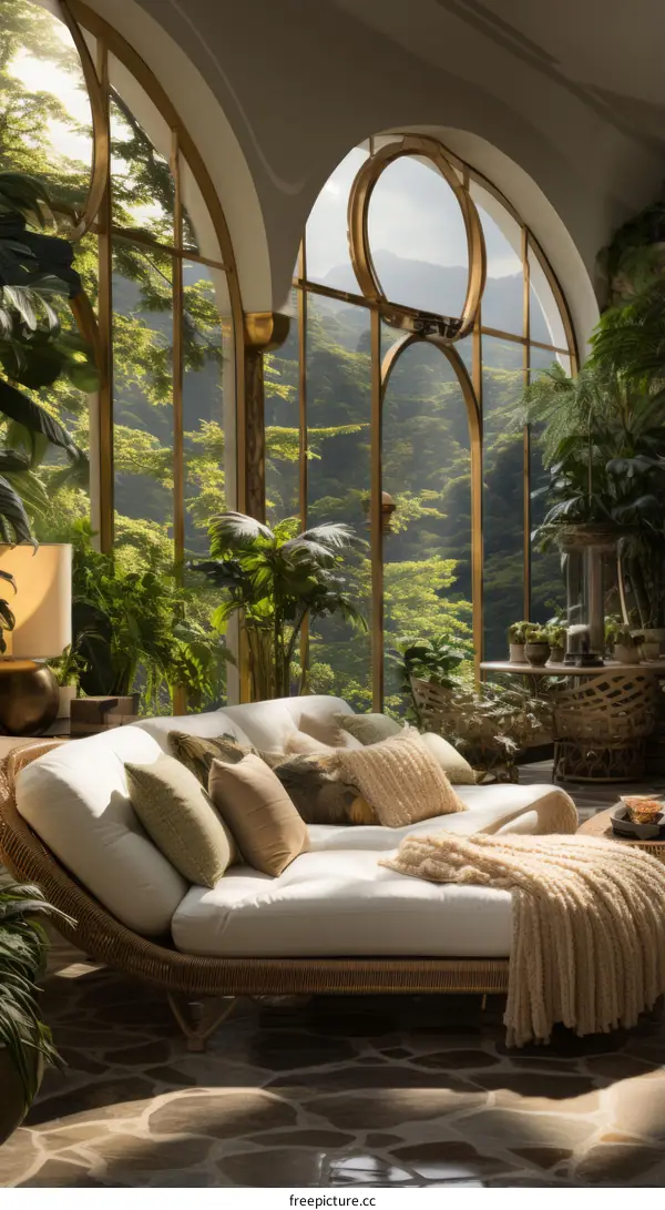 Elegant living room with large windows overlooking a lush green jungle