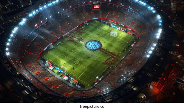 A large crowd of people are gathered in a stadium to watch a soccer match