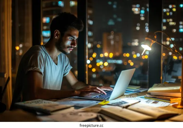 Young male professional working late on laptop in home office