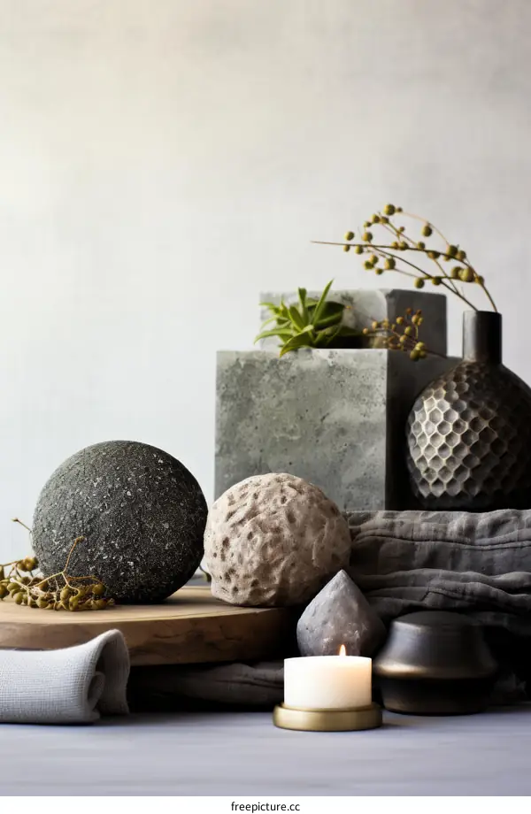 Still life with stone spheres and a candle