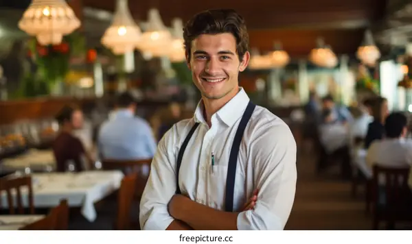 Portrait of a young male waiter smiling at a restaurant