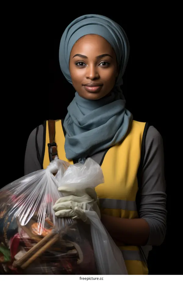 Portrait of a young African woman wearing a hijab and a yellow safety vest while holding a clear plastic bag full of trash