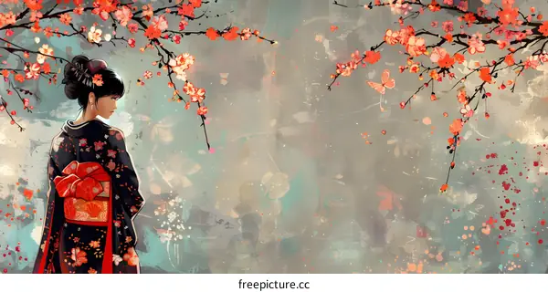 Woman in Kimono under Cherry Blossom Branches
