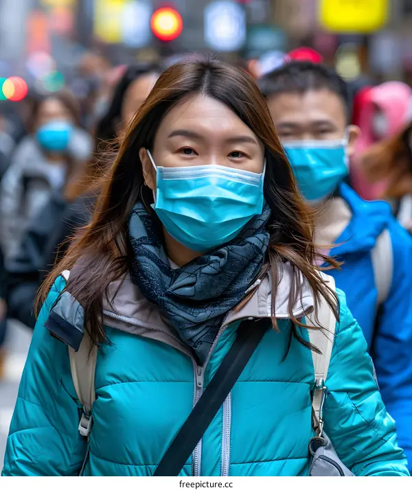 Woman Wearing a Face Mask Walking in a Crowd of People in a City