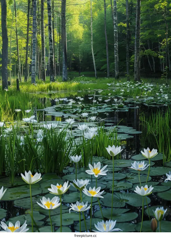 White Water Lilies Bloom on a Green Pond Surrounded by Trees