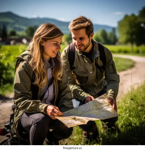 Young couple reading a map while hiking in the countryside