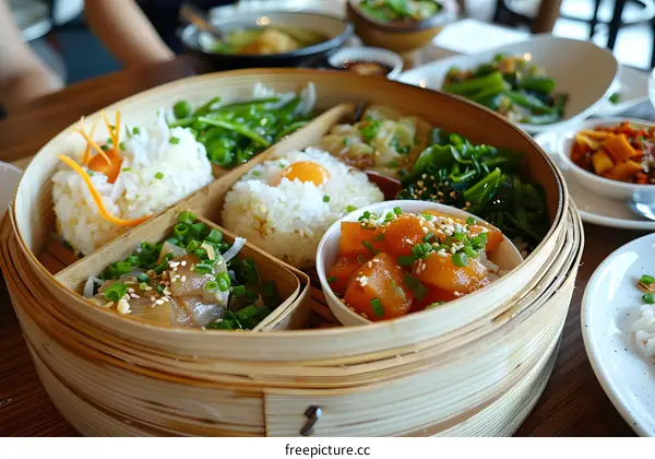 A delicious and healthy meal of steamed fish, vegetables, and rice.