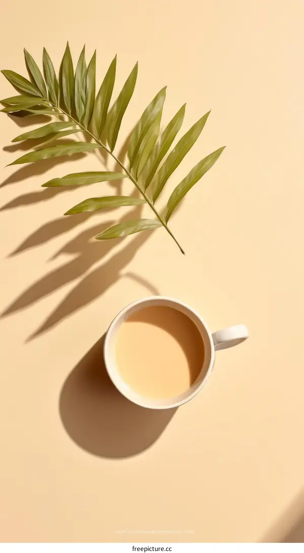 An illustration of a cup of coffee with a palm leaf