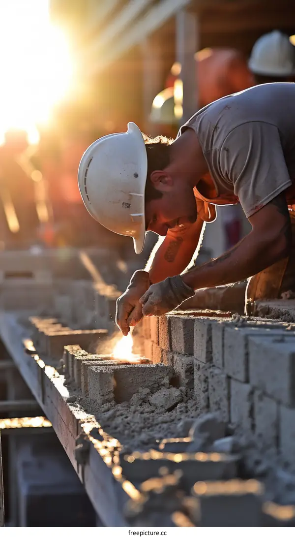 Construction worker laying bricks at a construction site