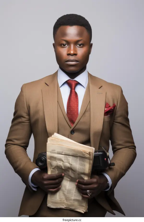 A young African-American man wearing a suit and tie holds a vintage camera and newspaper.