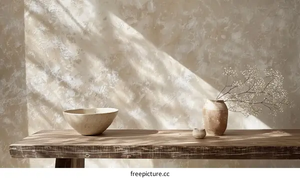 An arrangement of ceramic containers on a wooden table against a textured background