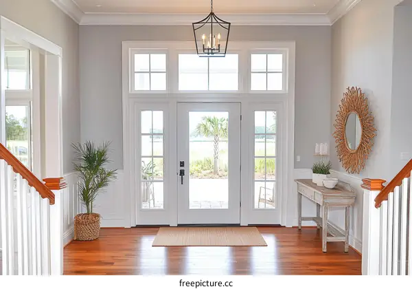 Elegant Coastal Entryway Featuring Large Windows and a Sunburst Mirror
