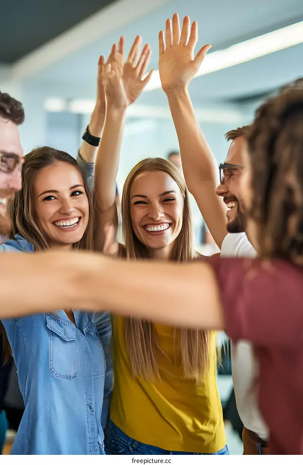 Group of Happy Diverse Friends Celebrating Success With Raised Hands