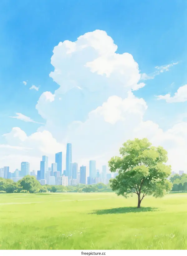 Green Field with Single Tree and Urban Skyline in Distance