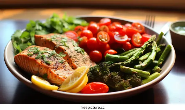 A plate of grilled salmon with asparagus, tomatoes, and lemon wedges