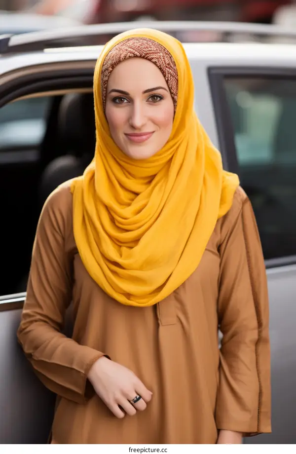A young woman wearing a brown hijab is standing in front of a car.