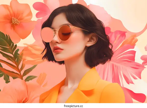 Woman in Yellow Blazer with Flowers and Sunglasses
