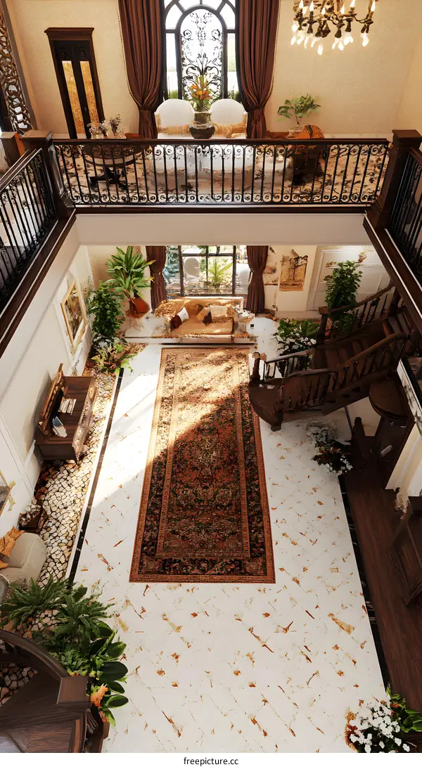 Elegant Staircase Interior Design with Ornate Details and Natural Light