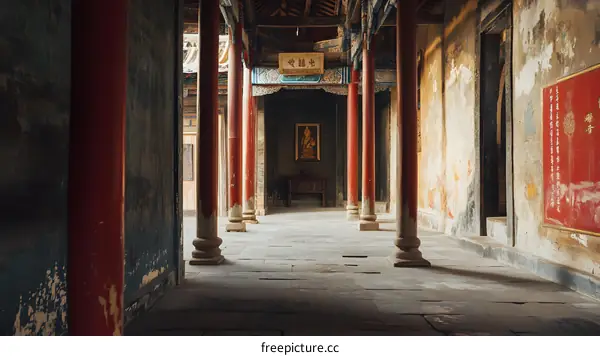 Ancient Chinese Architecture With Red Pillars
