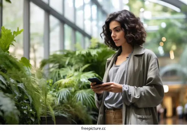 A young woman is looking at her phone in a green space