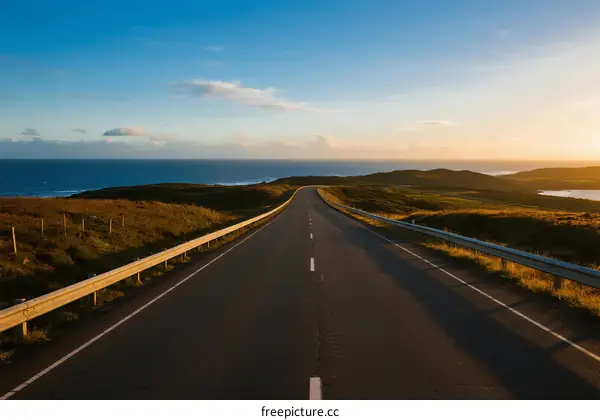 Scenic road stretching towards the sea under a clear sky