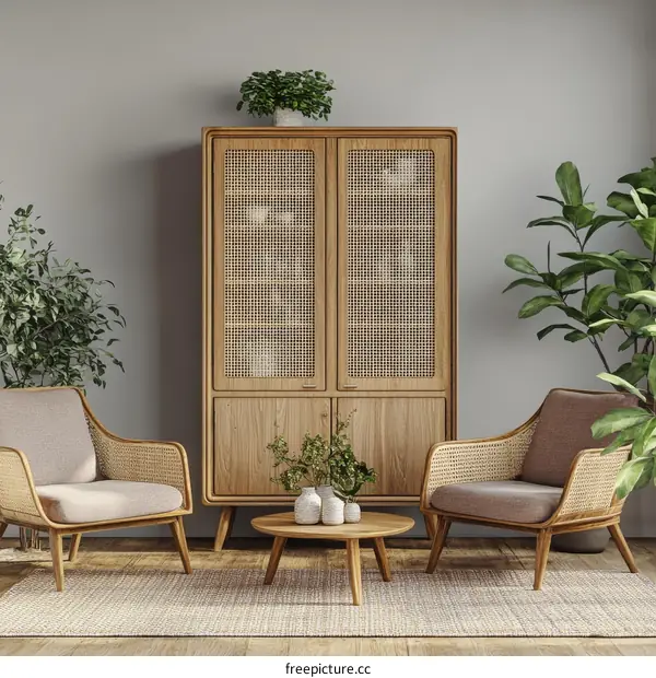 Modern Wooden Living Room with Rattan Furniture