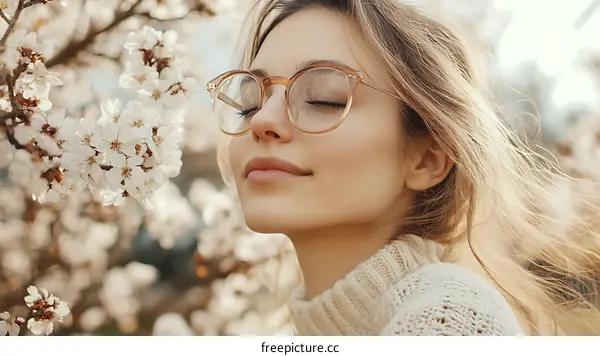 Woman in Glasses with Eyes Closed in a Field of Flowers