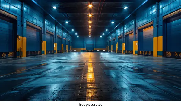 Empty Industrial Warehouse with Blue Walls and Yellow Doors