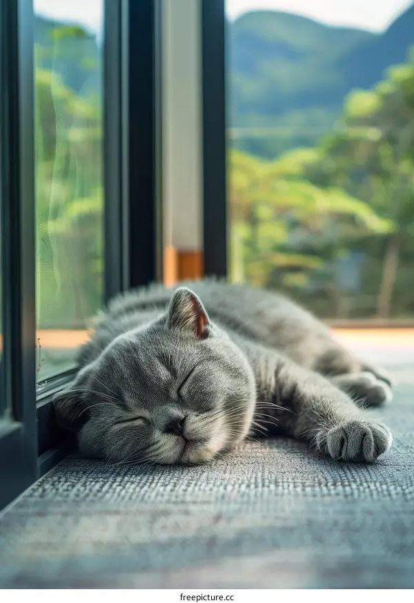 A gray cat is sleeping soundly on the floor next to a door.