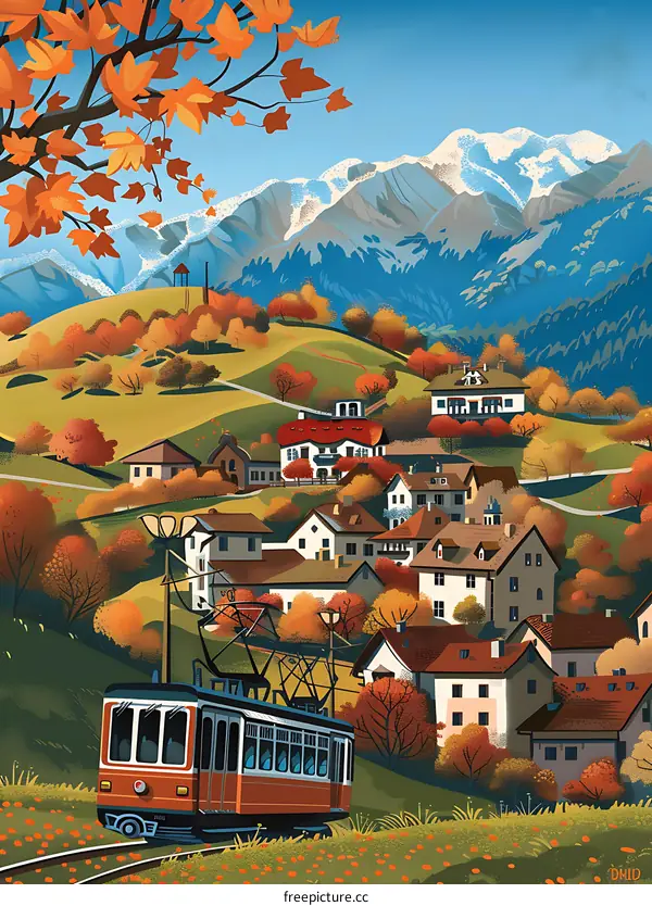 Autumn Landscape with Village and Tram