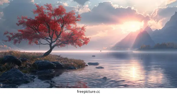Tranquil Lake with Red Tree and Mountain Range