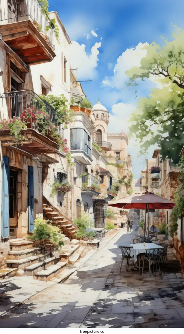 A narrow street with a red umbrella