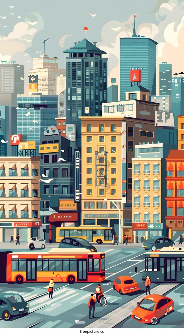 Cityscape Illustration with People and Cars