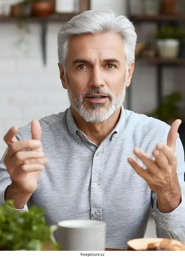 Close Up Portrait of a Mature Man with Grey Hair Talking