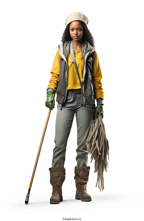 A woman in a yellow vest and beret holding a mop