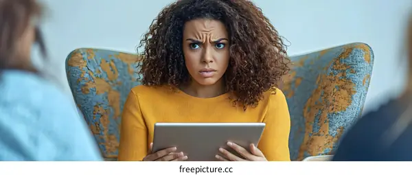 Young African American Woman Using Tablet with Confused Expression