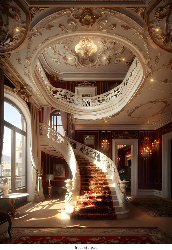 European style luxury living room with spiral staircase