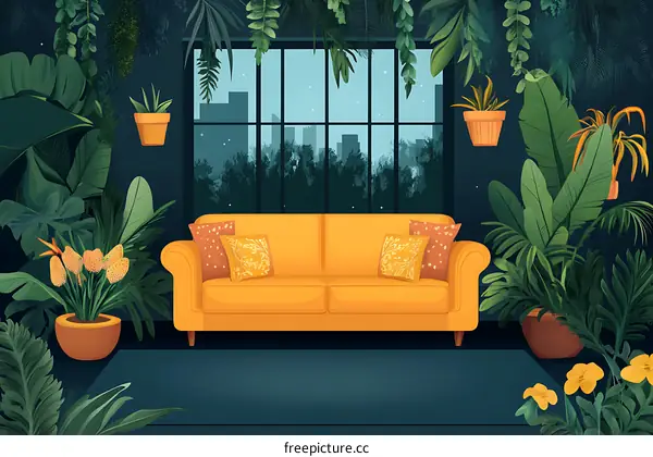 Yellow Sofa In A Lush Green Living Room With Window View Of A City
