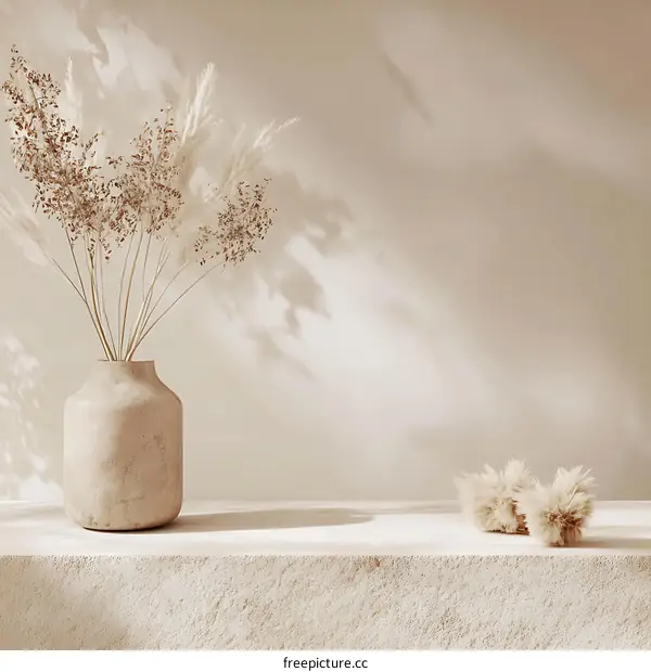 Beige Minimalist Background with Dried Flowers in a Vase
