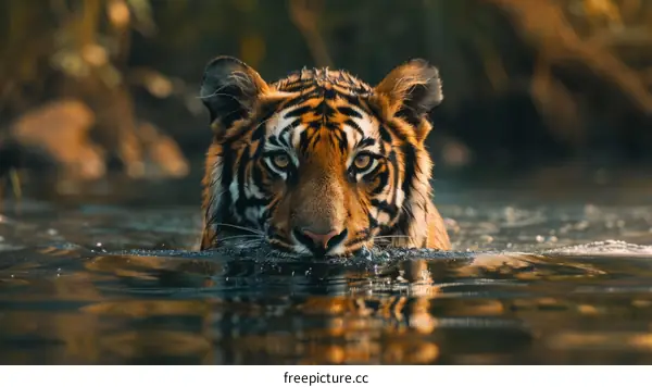 A tiger is swimming in the water