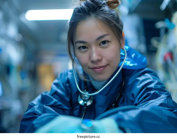 Confident Woman Doctor in Blue with Stethoscope