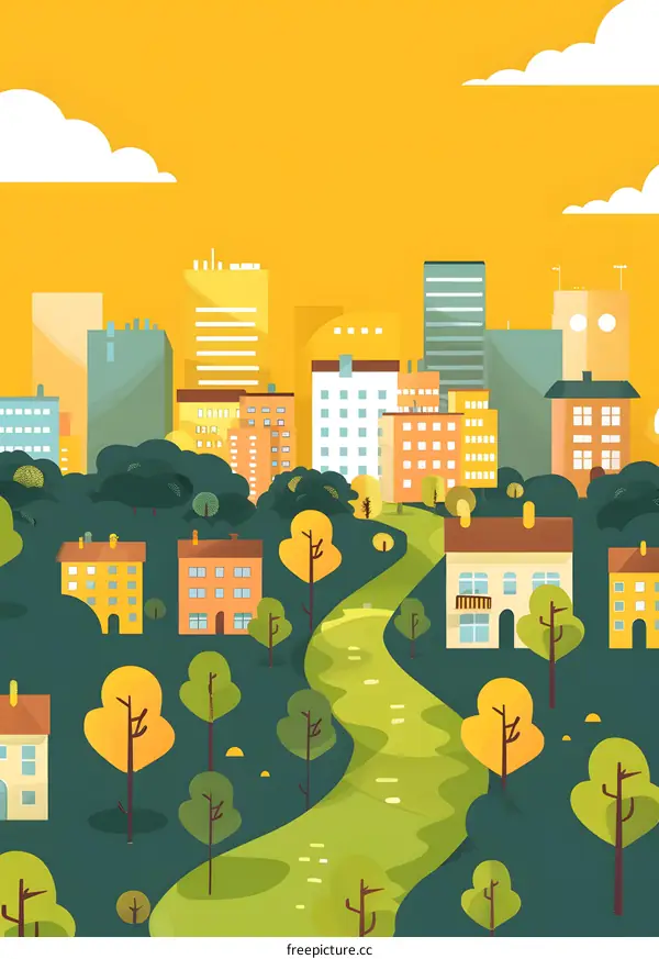 Illustration of Cityscape With Path Through Park