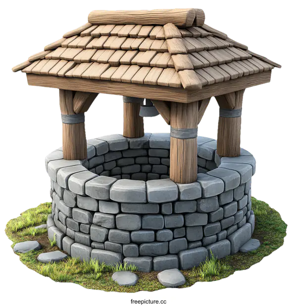 [Transparent Background PNG]Cartoon Wooden Well with Stone Wall