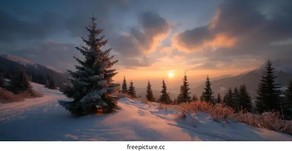 Winter Sunrise Over Snowy Mountain Peaks